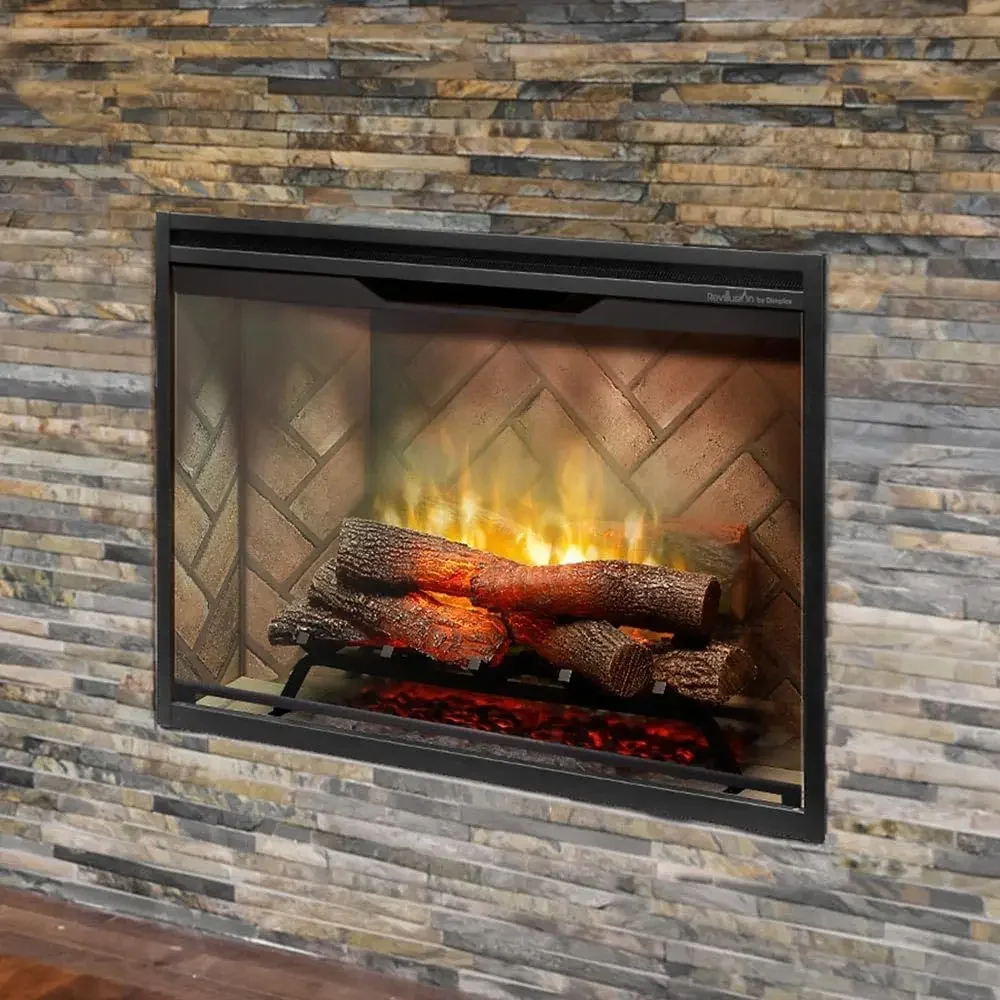 Revillusion® 36 Inch Built-in Electric Firebox - Herringbone Brick Background ,Includes Realistic Faux Logset, Front Glass Panel