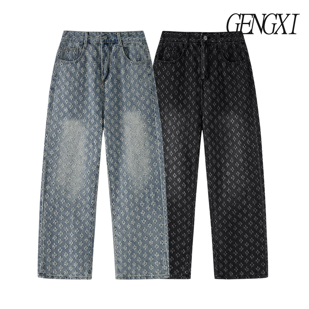 

High street jacquard design micro flare jeans Washed distressed men's straight leg casual trousers Street style trousers vibe