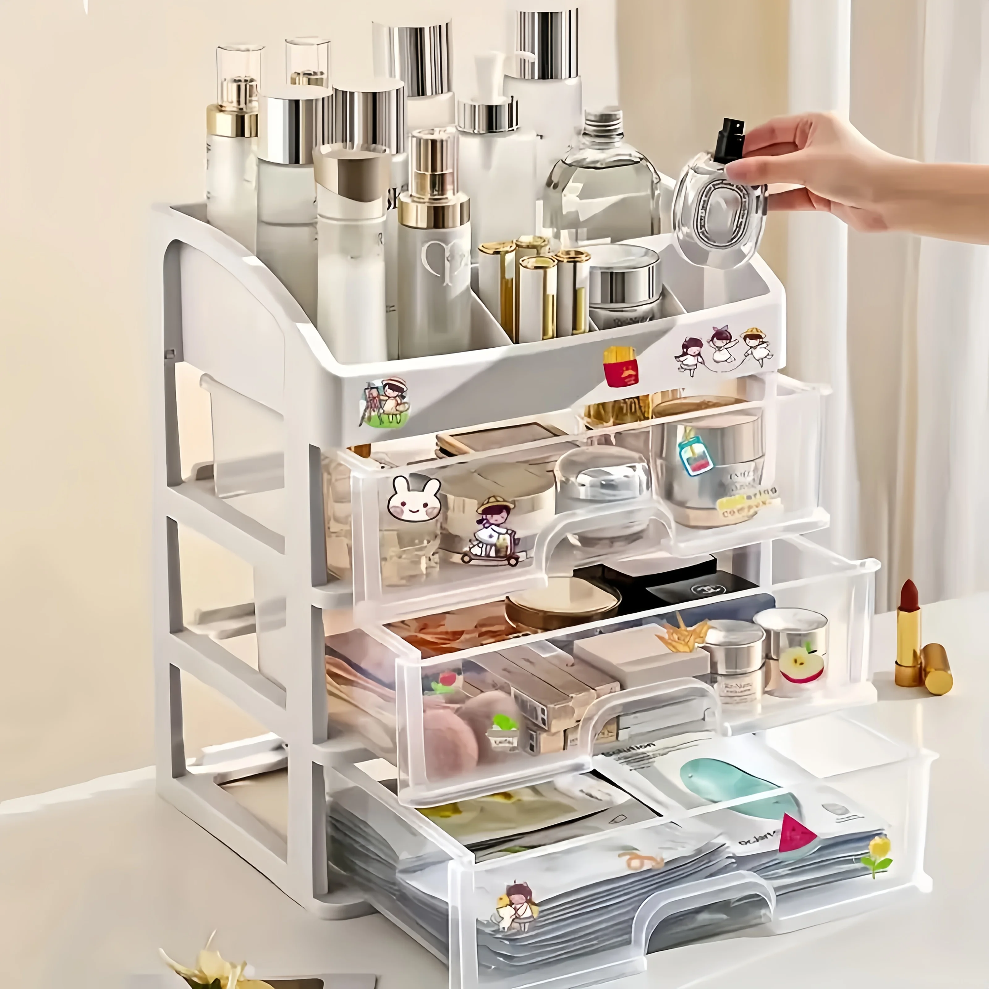Large 4-Layer Plastic Storage Rack w/ 3 Pull-Out Drawers – Multi-Use Skincare/Stationery Organizer,No Install, for Bathroom/Desk