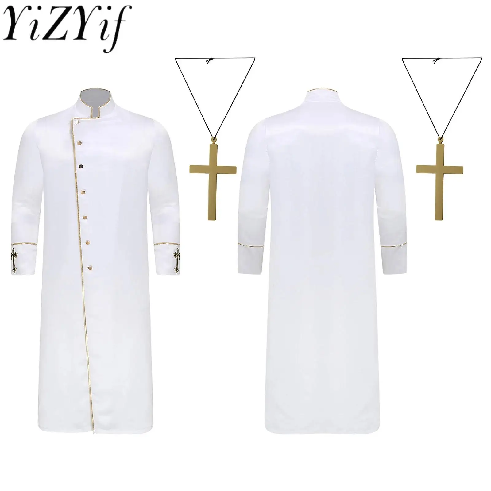 

Men Carnival Church Priest Clergy Robe with Cross Necklace And Cross Embroidery Cassock Jackets for Halloween Cosplay Outfit