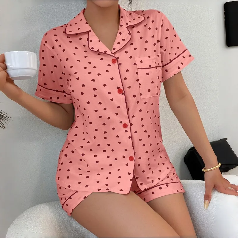 

Love Printed Women's Pajamas Cardigan Lapel Casual Fashion Short Sleeve Shorts Loungewear Set