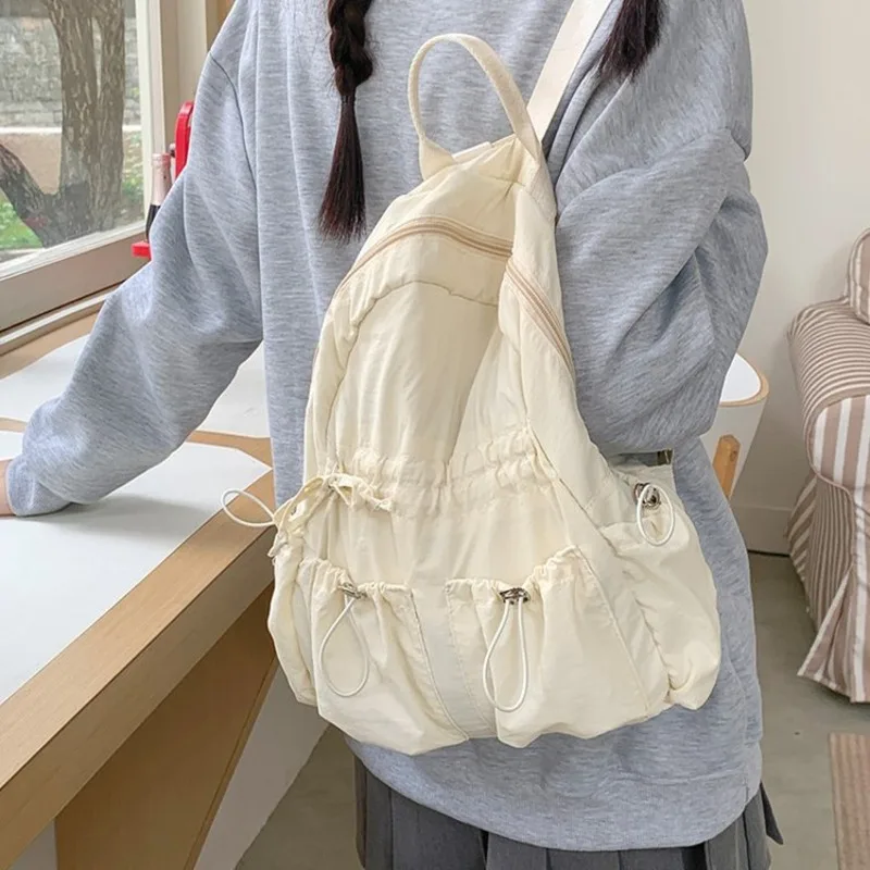 Korea Lightweight Nylon Backpack Women Japan Fashion Drawstring Student Solid Schoolbag Casual Pleated Leisure Travel Backpack