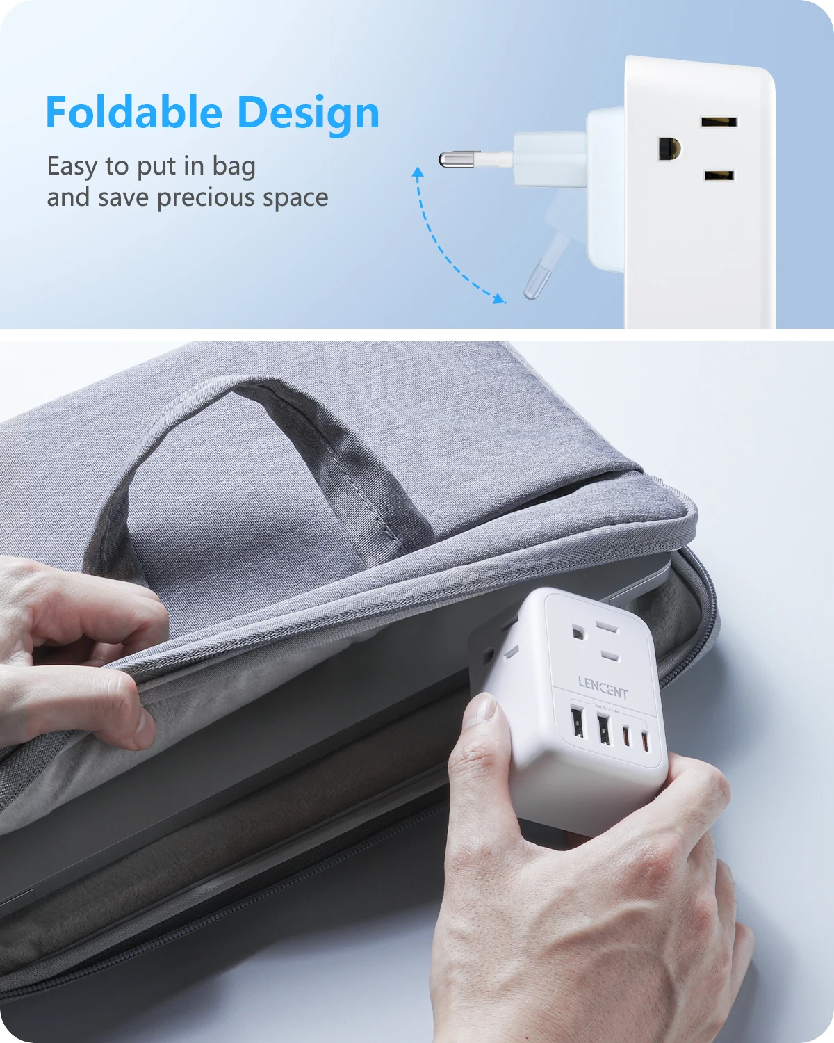 LENCENT US to EU Travel Adapter International Type-C Foldable Power Plug with 4 Outlets+2USB-A+2USB-C  5V/3A European Travel