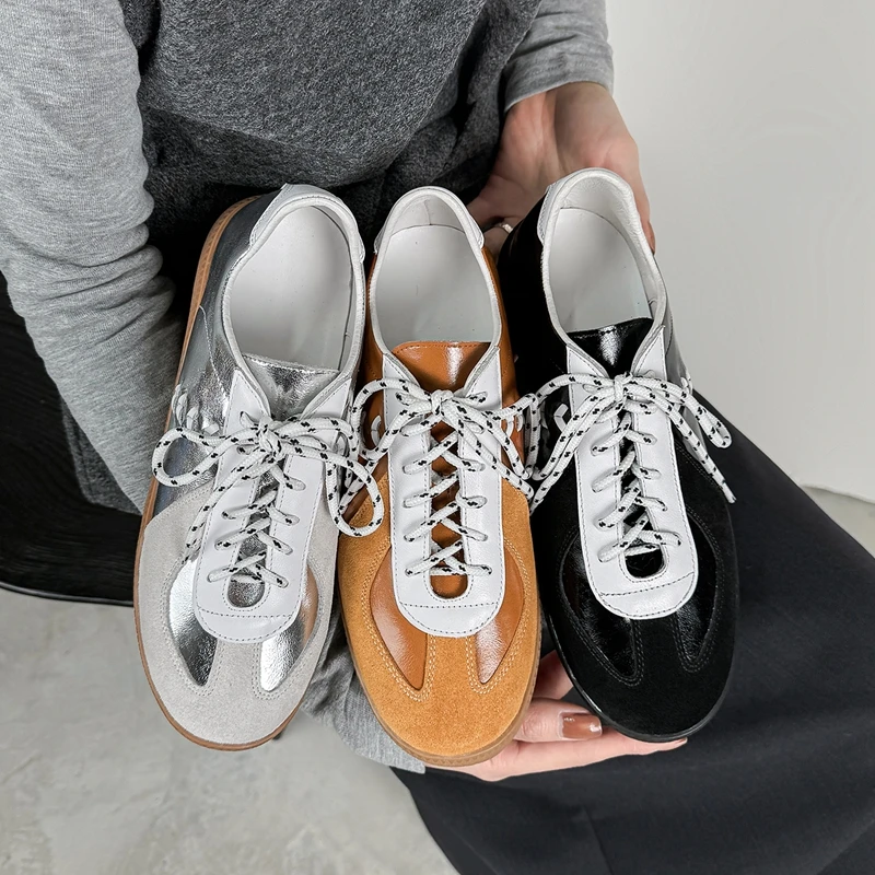 

Women's new spring and autumn genuine leather cowhide lace up round toe flat bottom low heel casual shoes, German training shoes