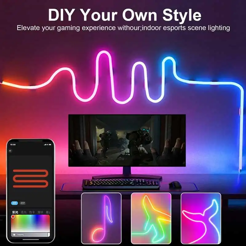 Imagem -04 - Multicolor Neon Led Light Strip Corda Luzes Música Sync Faça Você Mesmo App Rgb Cor Fita para Quarto Decoração da Parede 5v 1m 2m 3m 5m