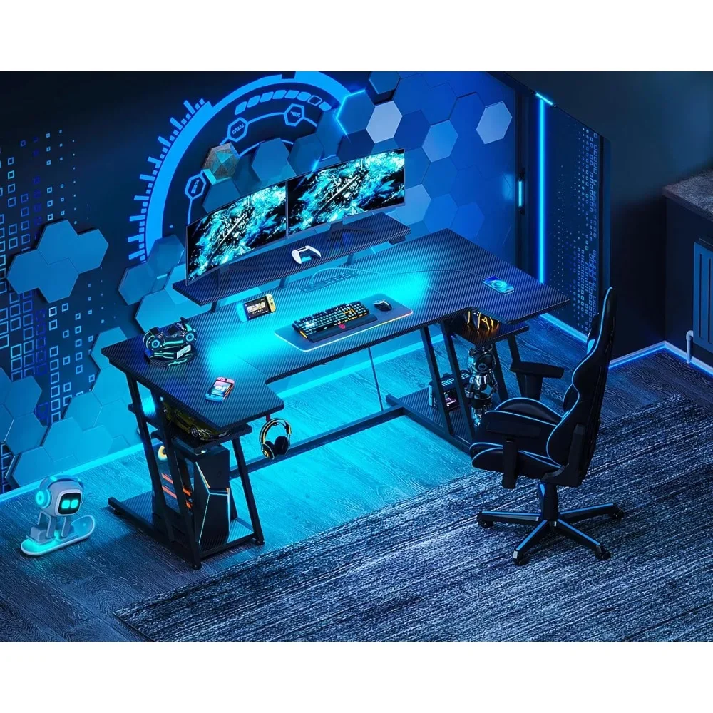 Gaming Desk with LED Lights, 60 Inch U Shaped Desk with Power Outlet, Gaming Computer Desk with Storage Shelves, PC Gaming Table