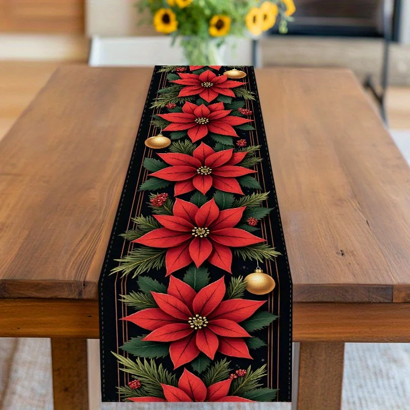 Christmas Poinsettia Pine Needle Linen Table Runner Holiday Party Decor Winter Kitchen Dining Table Runner Christmas Decorations