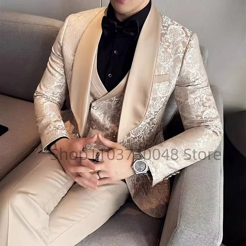 

New 3 Pieces Champagne Jacquard Men's Suit Formal Shawl Lapel Slim Fit Groom Tuxedos Best Man Blazer Set For Wedding Party Prom