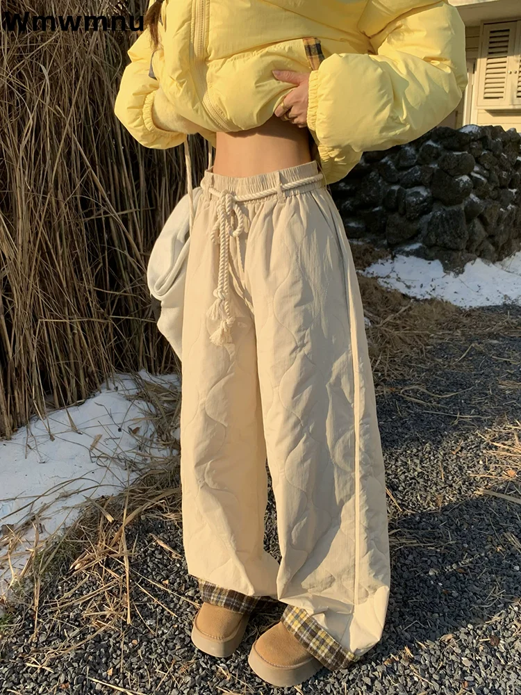

Теплые толстые хлопковые брюки с высокой талией, женские повседневные мешковатые лоскутные клетчатые брюки, плюшевые модные свободные прямые брюки на шнуровке