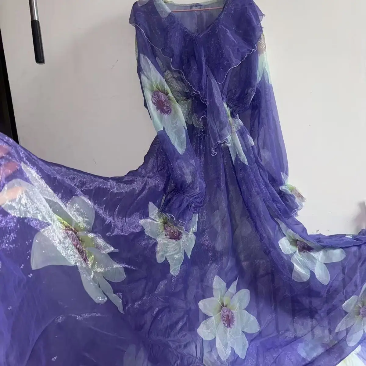 

Floral Print See Through Women Mesh Tulle Long Sleeve Dress Loose Maxi Dress Plus Size Sleeping Pajamas Robe