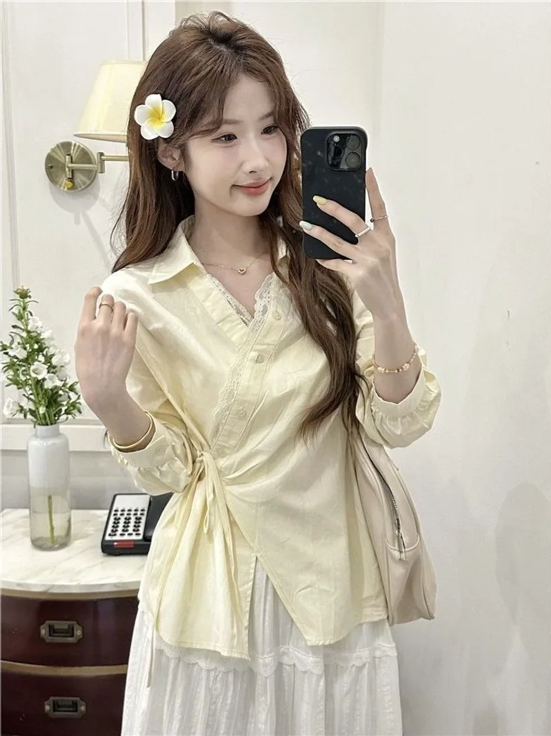 Yellow Lace Patchwork Belted Loose Casual Women's Shirt Elegant Waist-Cinching Top for Early Autumn Sun Protection