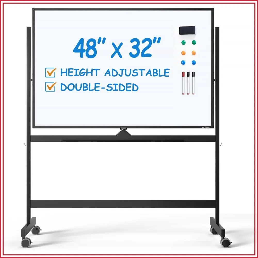

Large Rolling Whiteboard 48x32 Inches Height Adjustable Double Sided Magnetic Dry Erase Board on Wheels for Office, Home & Classroom