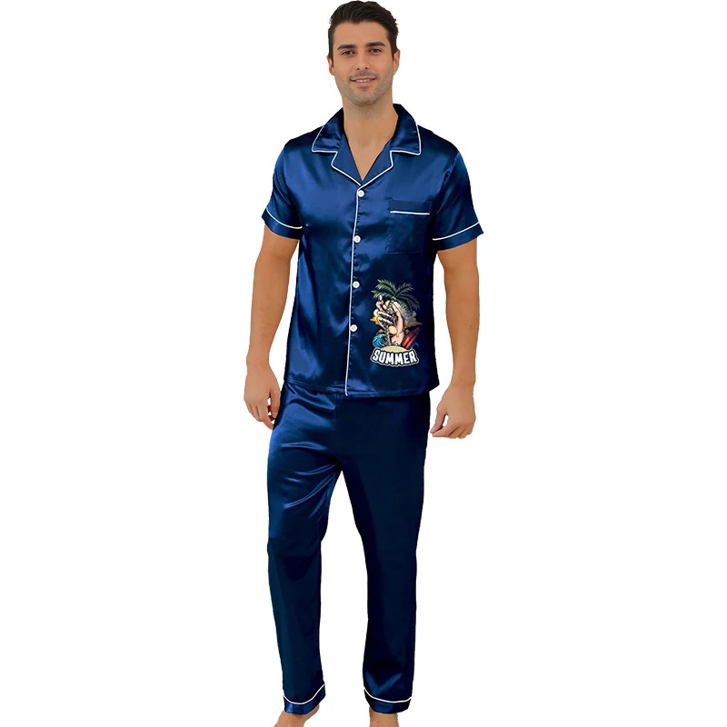 Two piece sets men's sleepwear summer short sleeved pants with pattern printed home clothes sleepwear set