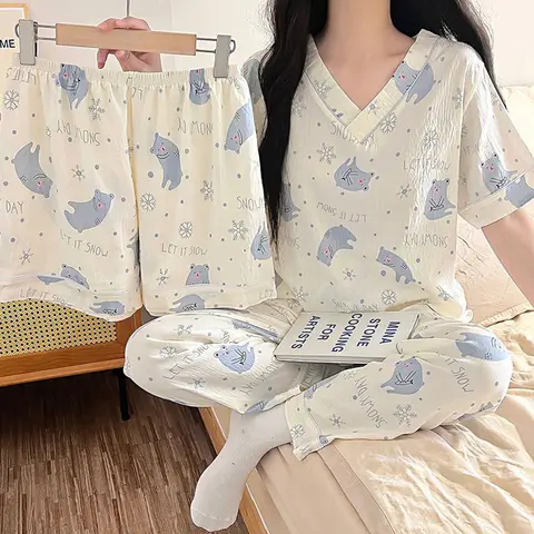 세트상품 패스타임 면 브이넥 반팔 반바지 긴바지 3피스 여성용 캐릭터 프린팅 잠옷 홈웨어 세트 SE1659-1664