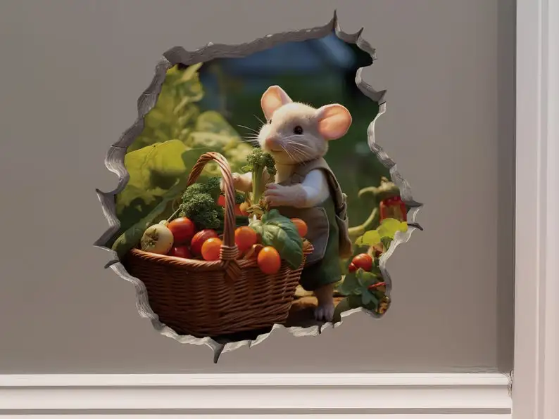 Vegetable Garden Mouse in Mouse Hole Decal - Mouse Hole 3D Wall Sticker