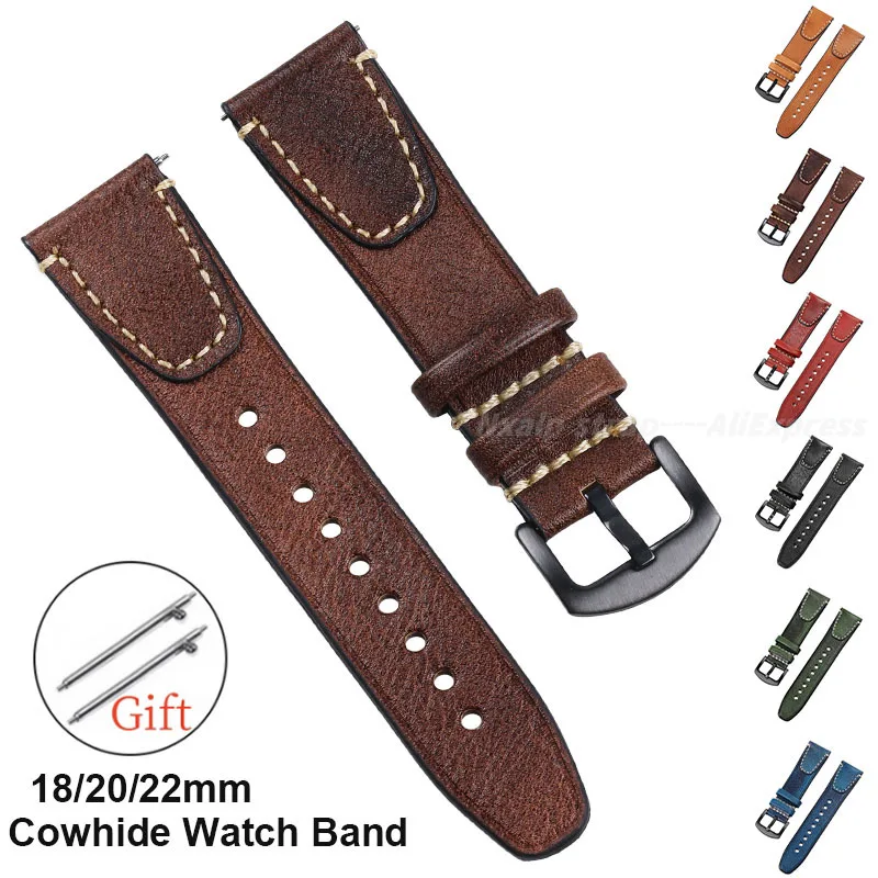 Retro Stitching Cowhide Watch Strap 18mm 20mm 22mm Genuine Leather Watchband for Rolex for Seiko Bracelet SmartWatches Wristbelt