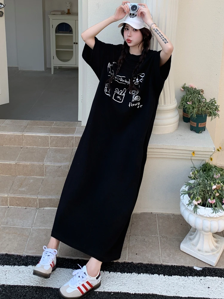 NYFS 2025 فستان صيفي نسائي مطبوع على الطراز الكوري فضفاض مقاس كبير بأكمام قصيرة فستان طويل رداء Elbise