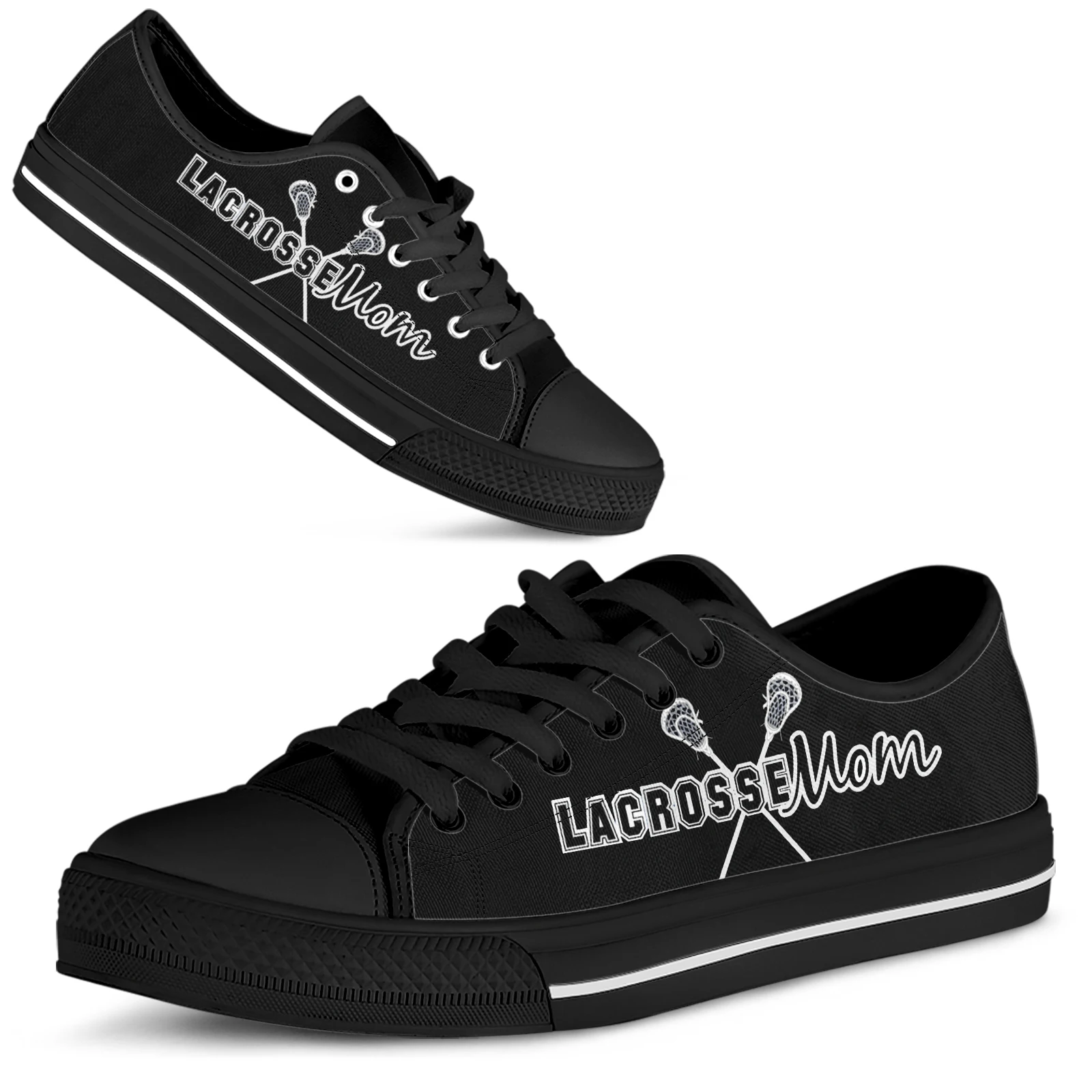 ELVISWORDS Black Lightweight Lace-up Canvas Shoes Lacrosse Print Shoe Pocket Tennis Design Low Top Women's Vulcanized Shoes