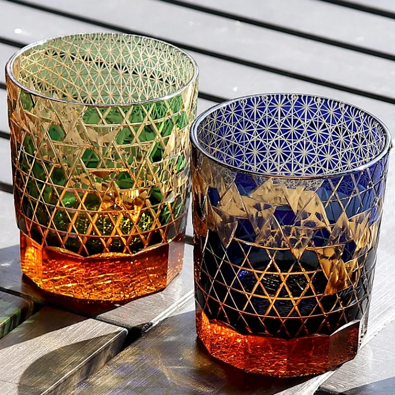 240 ml Handcrafted Edo Kiriko Hand Cut Amber Colored Crystal Glass Whiskey Tumbler Old Fashioned Cocktail 8.5oz Rock Glass Cup
