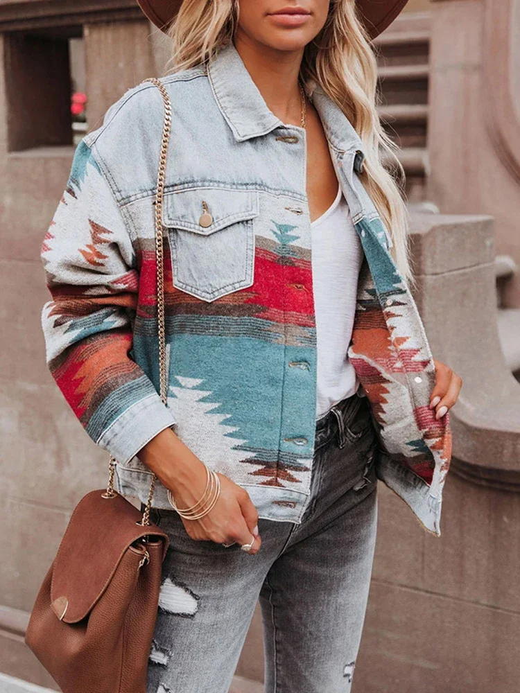 Vintage Womens Denim Jacket Geometric Print Autumn Winter Jeans Coat Female Slim Fashion Outerwear