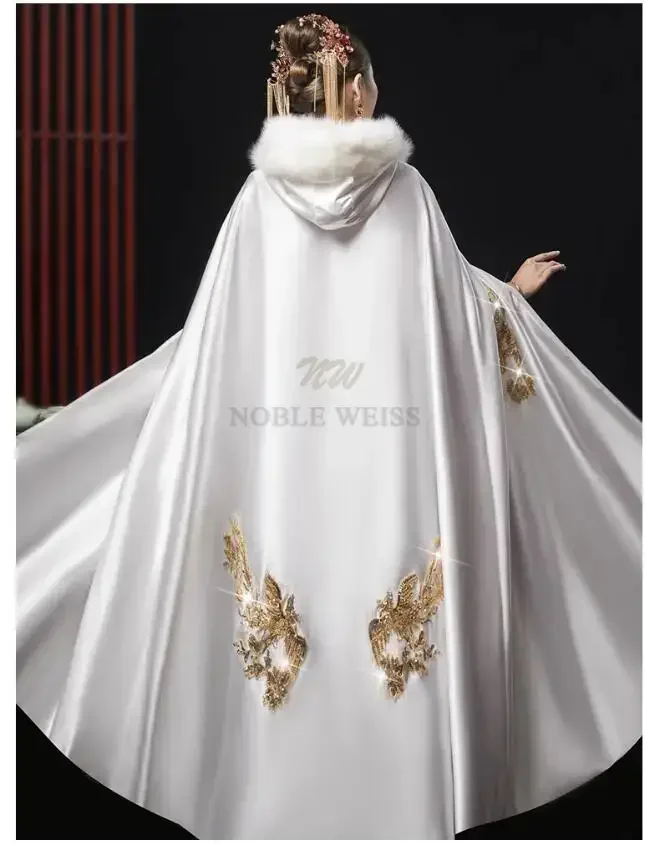 Faux Fur Satin Wedding Wrap Gold Appliques Bridal Capes Coat Jacket Bride Cloak With Hood Customized