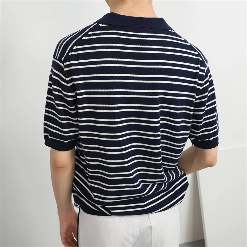 T Shirt For Men Summer Classic Fashion Vintage Stripe Silk Stripe V Collor T shirts Casual Lapel Short Sleeve Polo