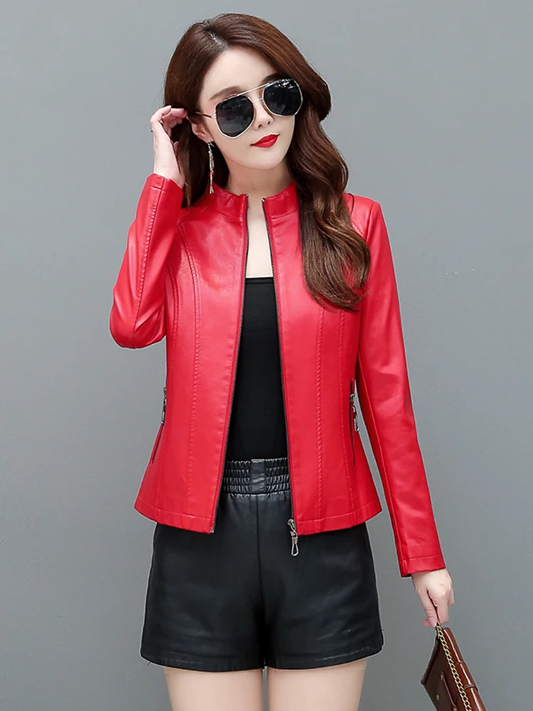Real Leather ort Jaet Women's Sli Slim Fit Stand Collar Casual Leather Coat Korean Version Spring Autumn New Arrival