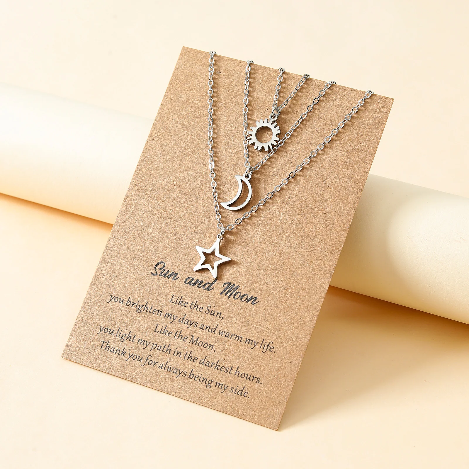 2023 New Hollow Stainless Steel Sun Moon Star Card Necklace Couple Collar Chain Set Women\'s Versatile Gift Wholesale