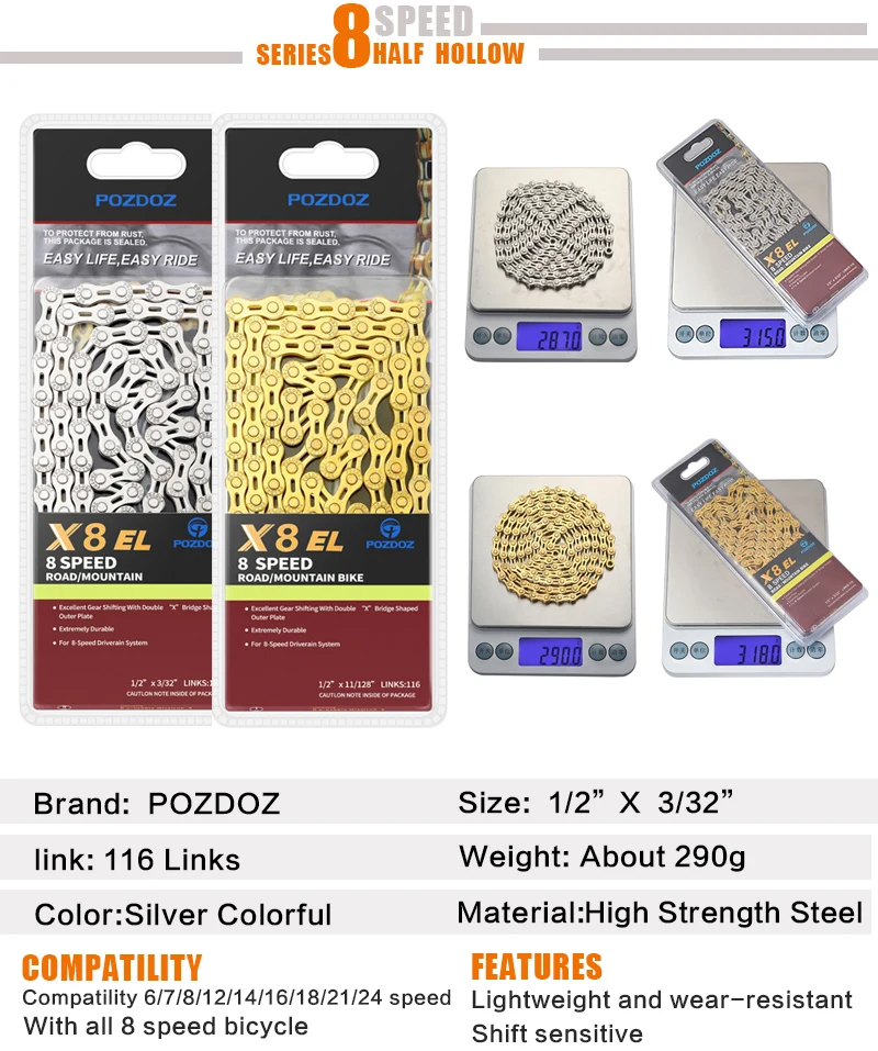 POZDOZ 8 9 10 11 12 Speed Bicycle Chain Gold Silver Half/Full Hollow Ultralight 116L 10s 11s 12s MTB Road Bike Chains Parts