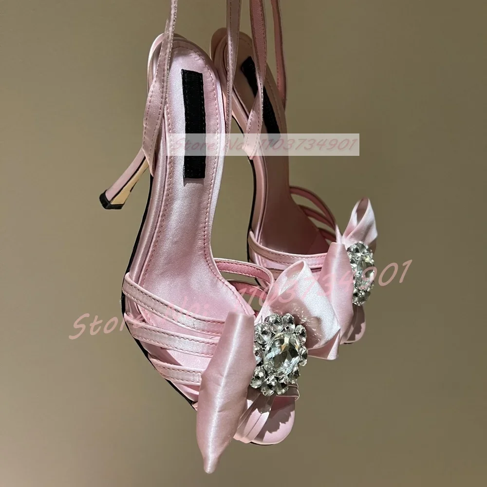 Crystals Pink Satin Caged Sandals Women Butterfly-knot Peep Toe Ankle Strap Leather High Heels Shoes Lady Classy Trendy Sandals