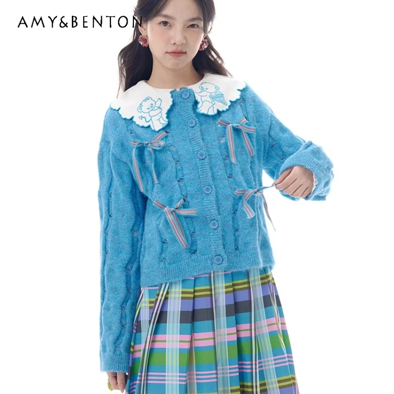 

Французский ретро желтый синий вязаный ажурный женский кардиган с бантом, осенний новый дизайн, плюшевый свободный свитер с длинными рукавами, женское пальто