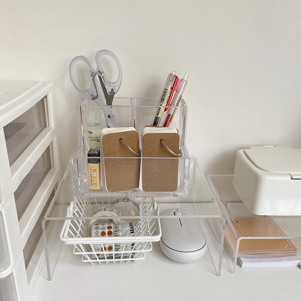 

Acrylic Desktop Organizer Large Capacity Stationery Storage Box Multi-Functional Compartment Pen Holder Waterproof Lightweight
