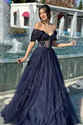 Glitter Prom Dresses Navy Blue Long A-line Off the Shoulder Sweetheart Formal Party Beaded Lace Applique Illusion Evening Gowns