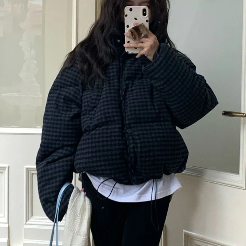 Vintage Plaid Parkas Women Casual Loose Stand Collar Warm Puffy Coats Winter Retro Drawstring Hem All Match Long Sleeve Outwear
