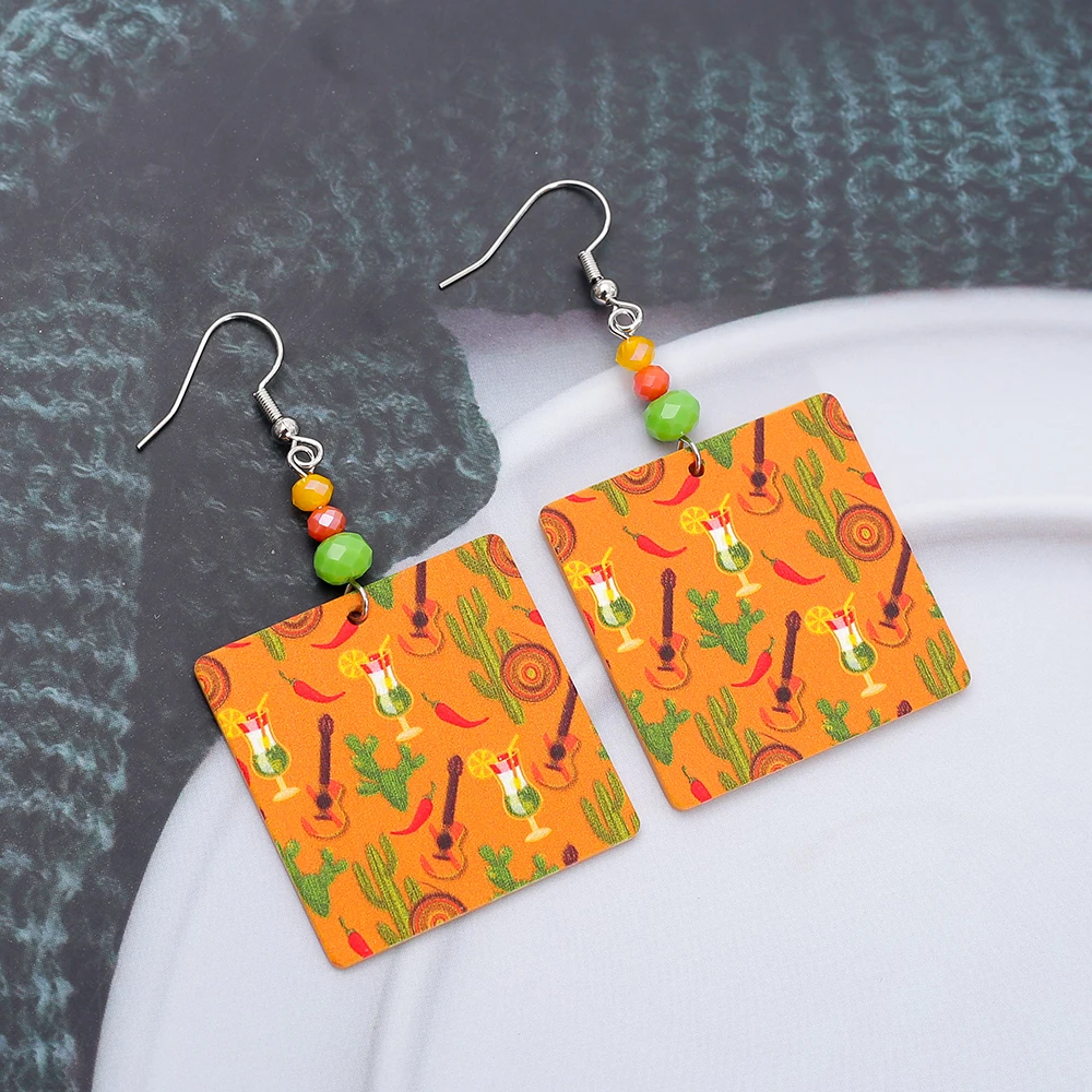 Fashion New Casual Party Accessories Green Orange Style Guitar Cocktail Pattern Acrylic Earrings For Women Elegant Girls Jewelry