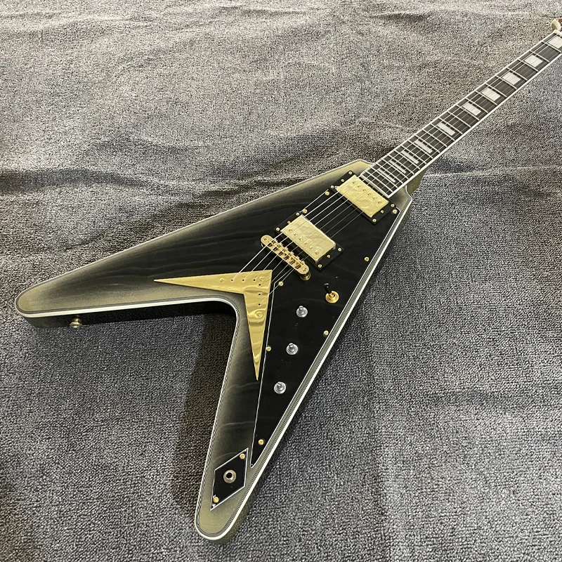 Stocking!!! V shape electric guitar solid silver burst high glossy gold parts black pickguard block inlay