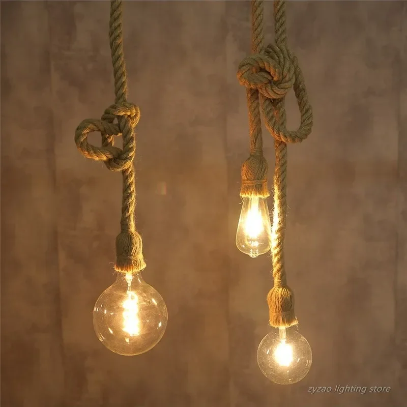 

Industrial Retro Loft Hemp Rope Pendant Lights Restaurant Bar Kitchen Hanging Lamps Simple Vintage Edison Bulb Led E27 Droplight