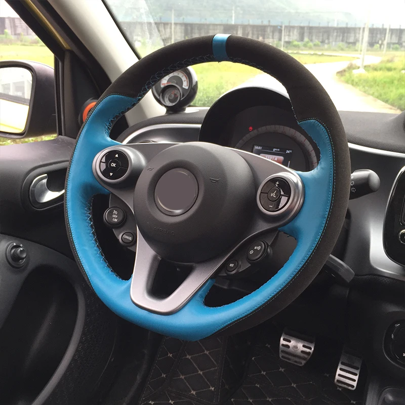 Car Leather Steering Wheel Protector Cover Cowhide Braid Auto Steering Wheel for Smart 453 Fortwo Forfour Interior Accessories