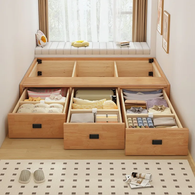 All solid wood without bedside bed, small apartment homestay modern simple three-pump storage floor-to-ceiling box storage