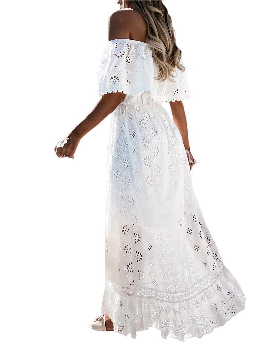 Women Long Lace Dress Off Shoulder Short Sleeves Dress Summer Casual Boho Cover-ups Beachwear