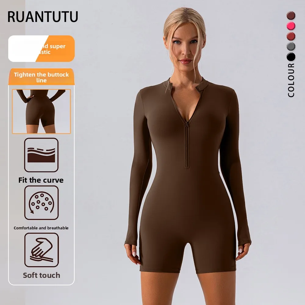 

Zipper Long-sleeved Onesie Training Fitness Sports Jumpsuit for Women Slim Lift Hip Shorts Sexy Tight Yoga Clothes for Women