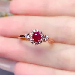 Natural Dark Red Ruby Silver Ring 4mm*5mm 0.4ct Ruby Jewelry 18K Gold Plated 925 Silver Ring for Daily Wear