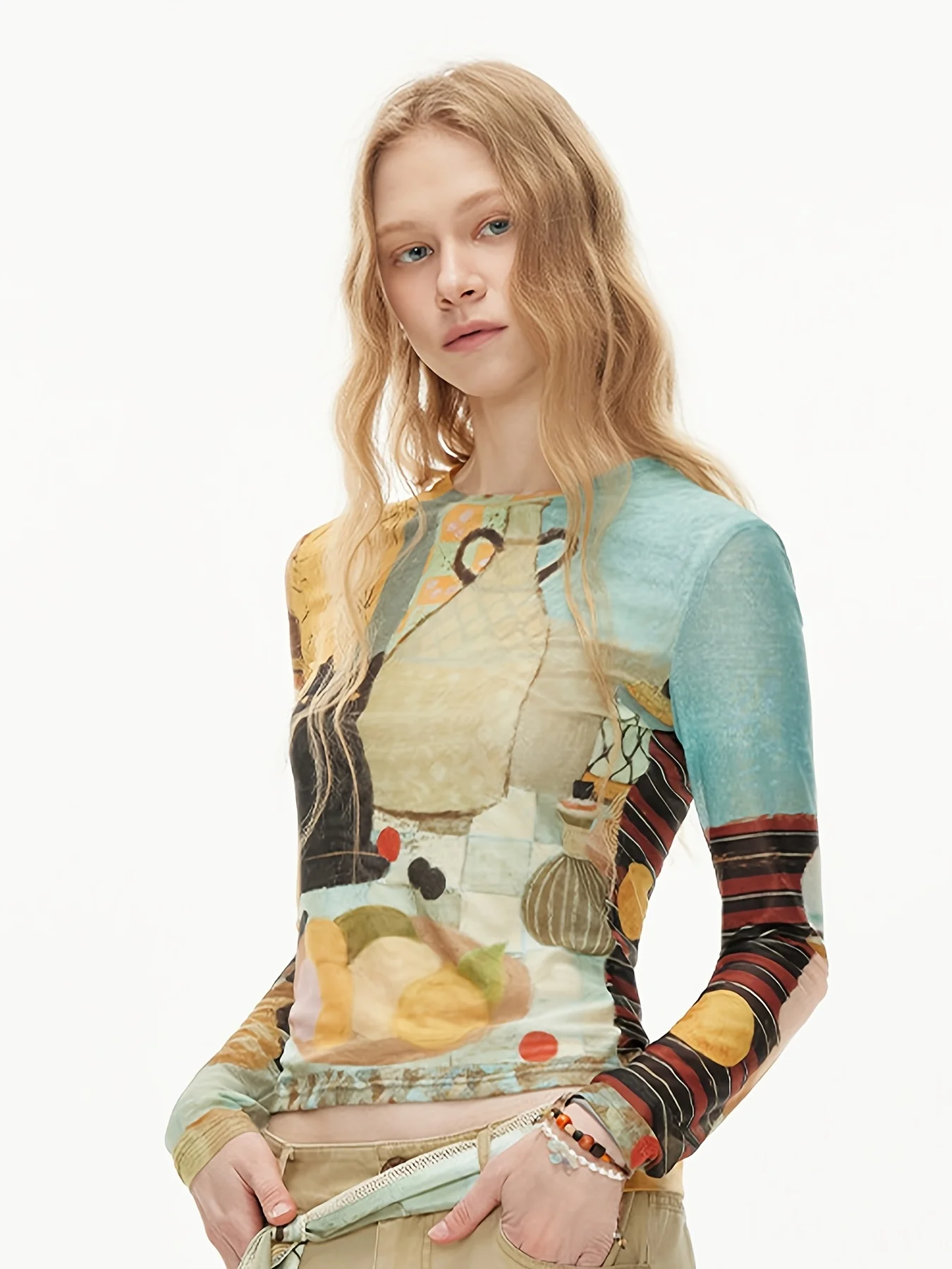 Ladies' Art Oil Painting Printed Milk Silk Long Sleeved Shirt Y2K Slim Fit Round Neck Retro Aesthetic Spicy Girl Base Shirt