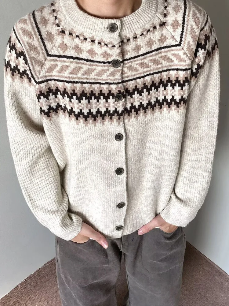

Американский вязаный свитер в стиле Fair Isle, ретро, свободный повседневный кардиган-пальто для мужчин и женщин, парный, в стиле Lazy Sle, зимняя одежда