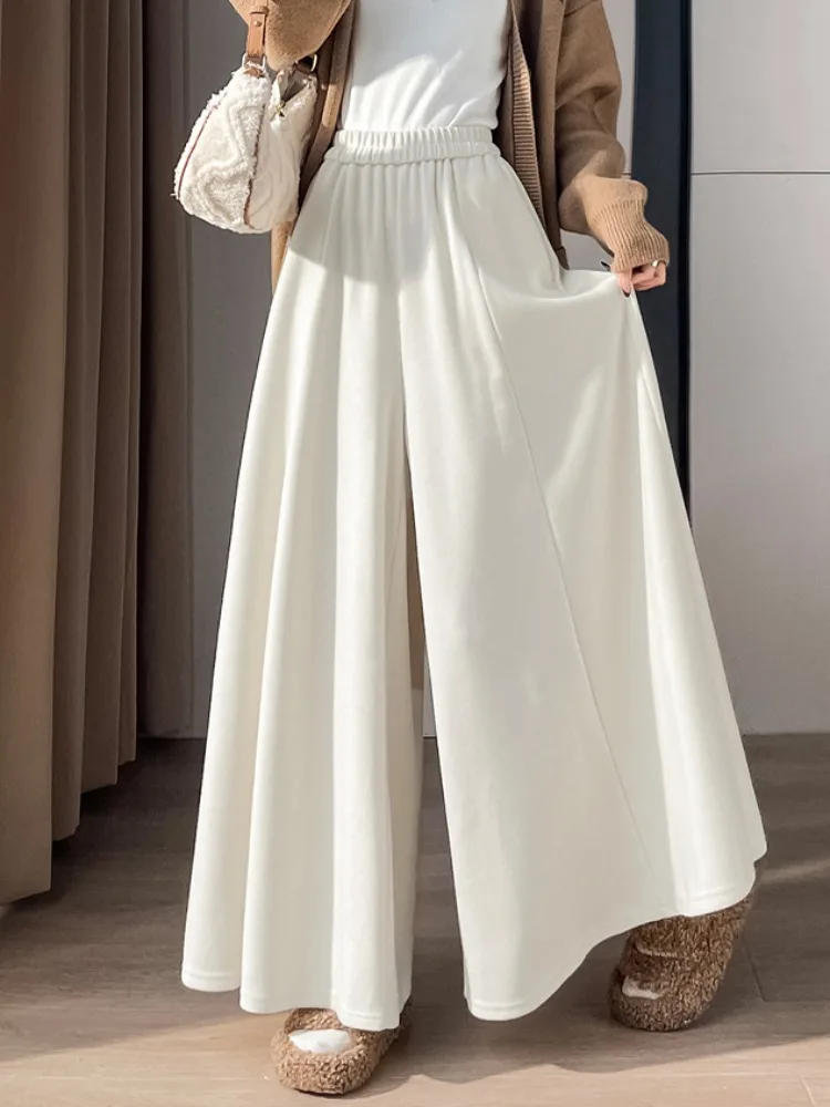 

Soft Woolen Knitted Wide Leg Pants Women's Autumn Winter Loose Fit Floor Length Trousers Skirt High Waist Polyester Fiber