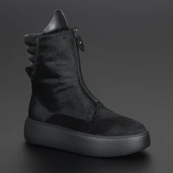 British Fashion Black Real Horse Fur Men's Boots Fashion High Top Short Boots Thick Soles All Casual Round Head Men's Fashion