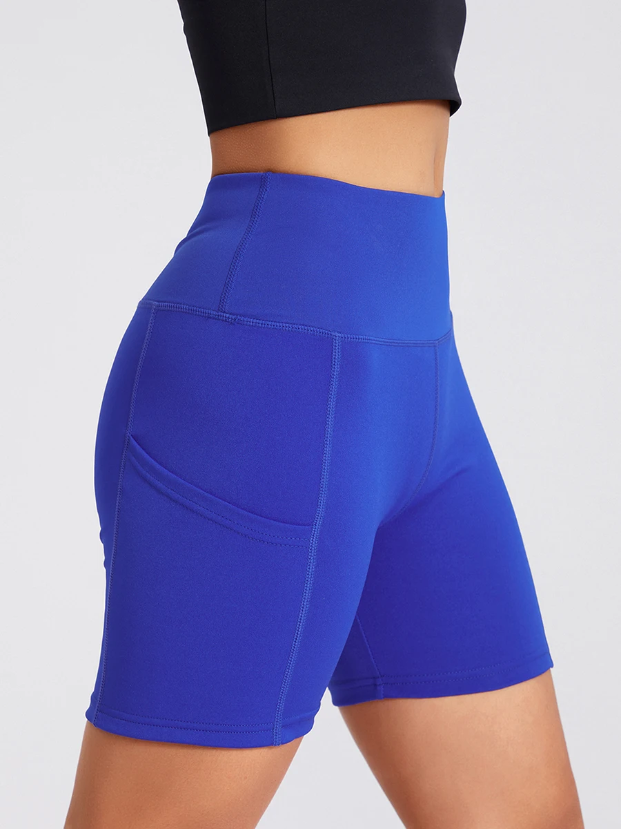 Shorts apertados com bolsos para mulheres, shorts de treino de cintura alta, controle de barriga, ciclismo e corrida