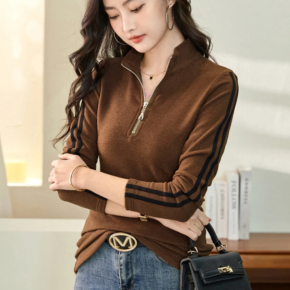 

Кофейная футболка с высоким воротником, женская футболка с длинными рукавами, осенне-зимняя новинка, однотонный модный повседневный топ на молнии