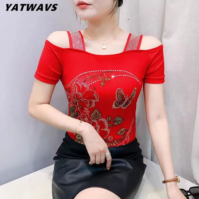 

Streetwear Summer Women's Clothes T-Shirts Chic Flower Hot Diamonds Luxury Tees Sexy Girl Off Shoulder Slim Brand Tops