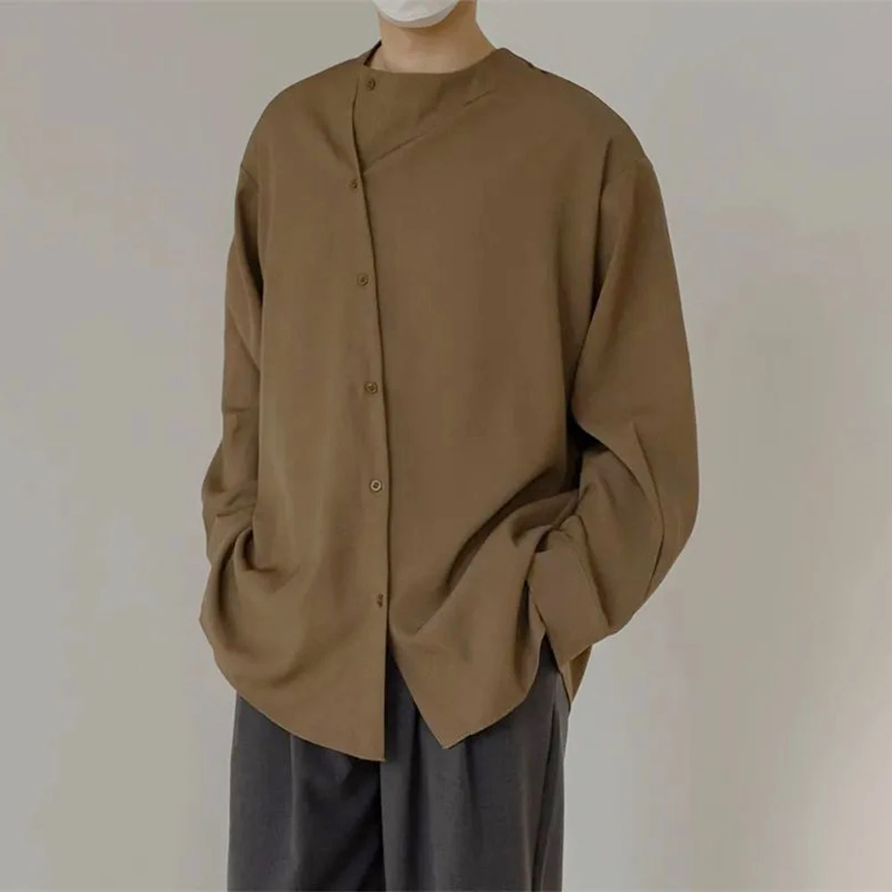 

Mens basic casual long-sleeved shirt 2024 new autumn genderless thin retro simple solid color loose versatile shirt unisex